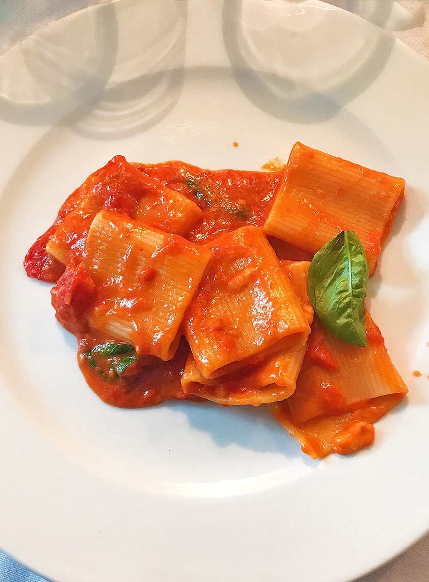 Paccheri allo scarpariello with fresh basil on the top