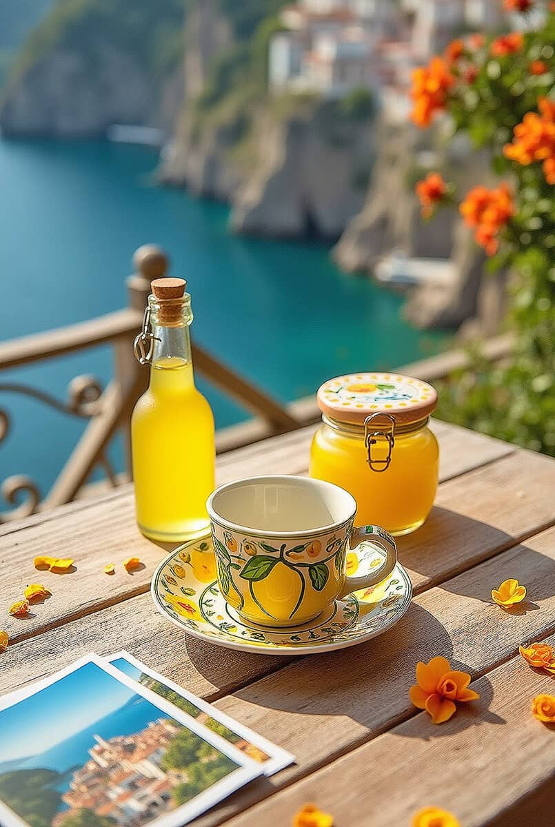 A bottle of limoncello, a hand painted coffee cup with lemon decorations and a jar of lemon jam