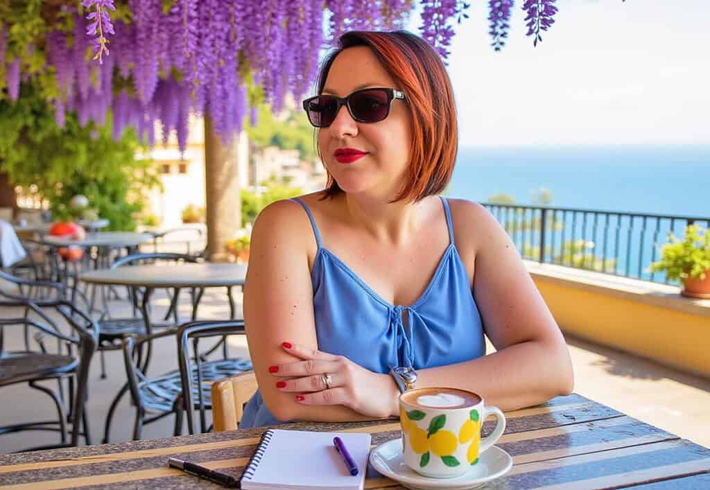 Dany sipping coffee with a hand painted ceramic cup in Positano