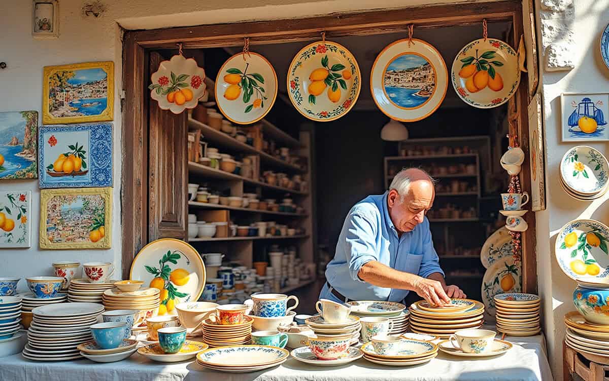 Artisan arraging his shop of handmade ceramics on the Amalfi Coast