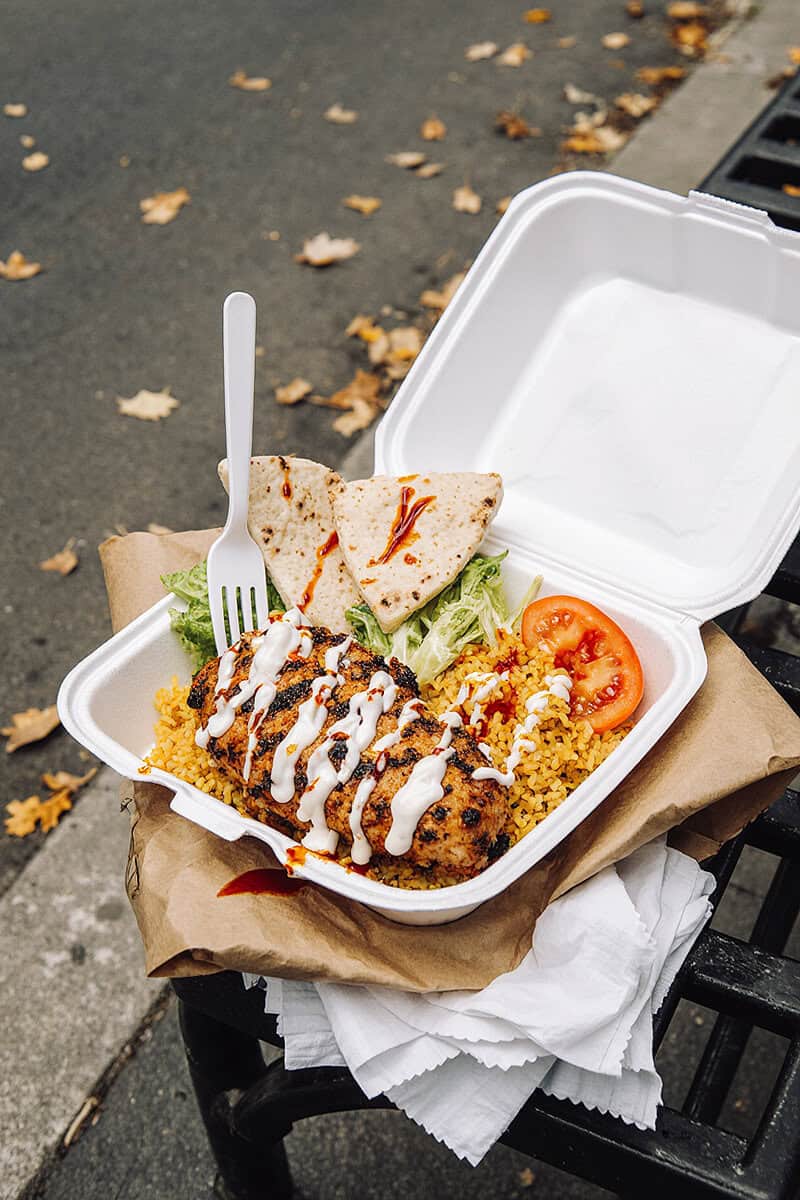 Platter of halal chicken and rice with white sauce