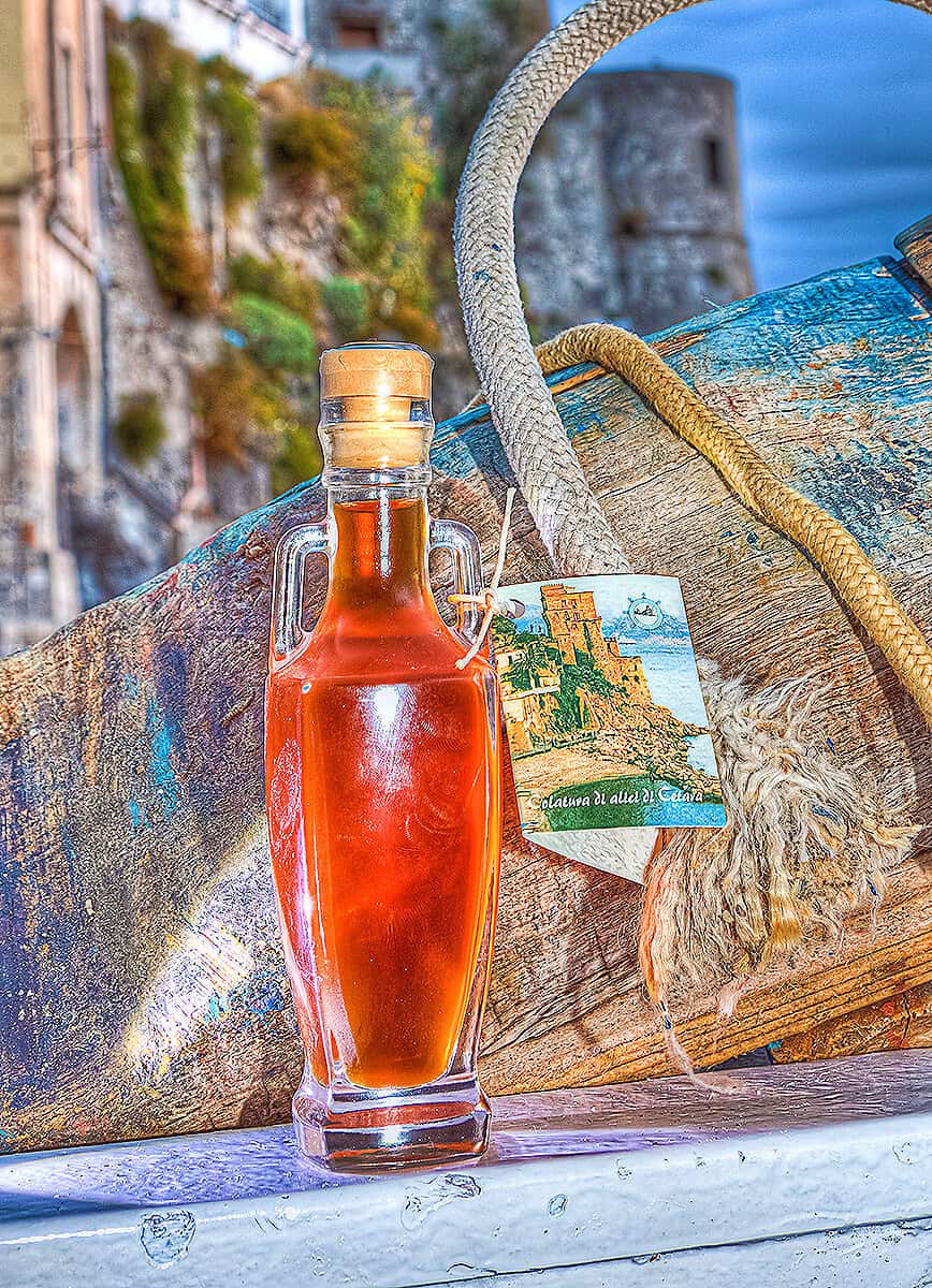 Bottle of colatura di alici in Cetara (Italy)