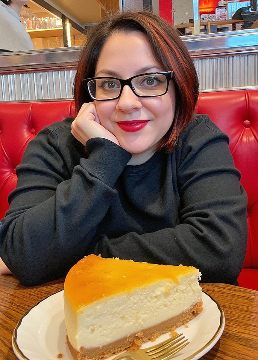 Dany in NYC eating a slice of New York Cheesecake