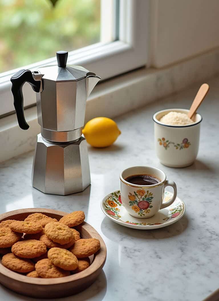 Neapolitan Moka, a cup of espresso, one lemon and a tray of butter cookies