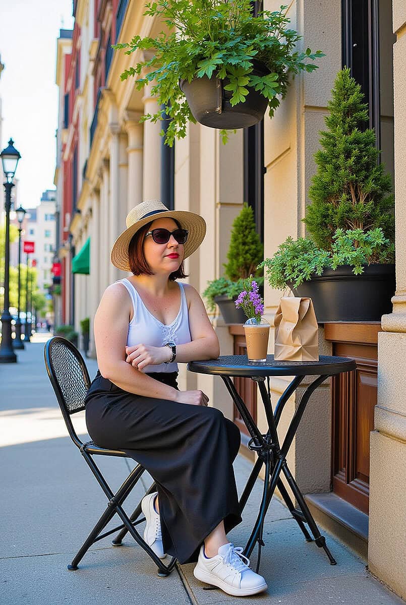 Dany sitting near a food kiosk in NYC in summer