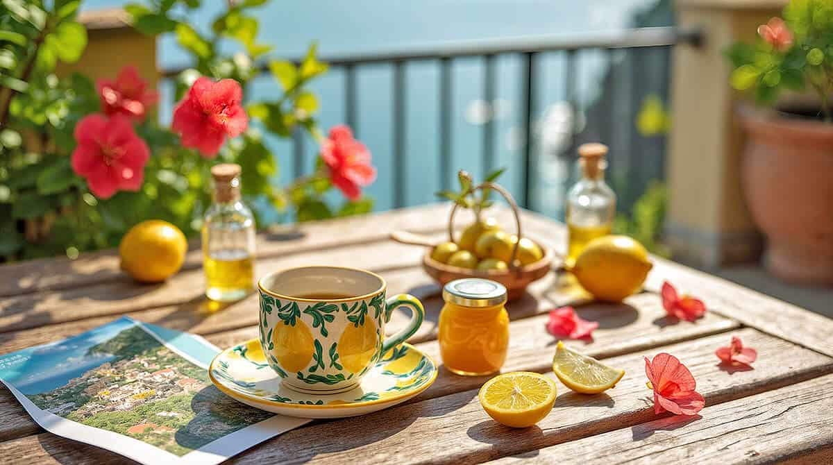 A hand painted cup, a jar of lemon jam, limoncello and Amalfi lemons on the Amalfi Coast