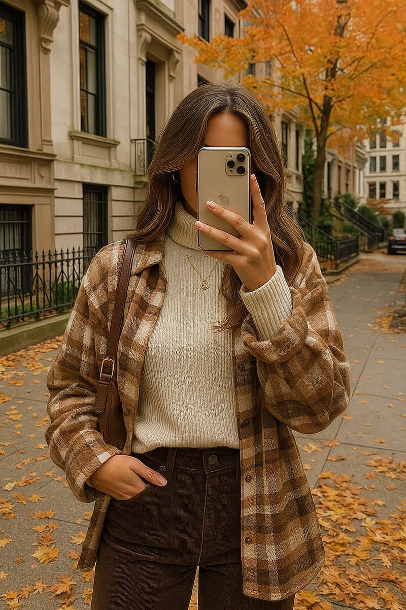 Woman wearing a turtleneck and a flannel shirt in NYC in autumn