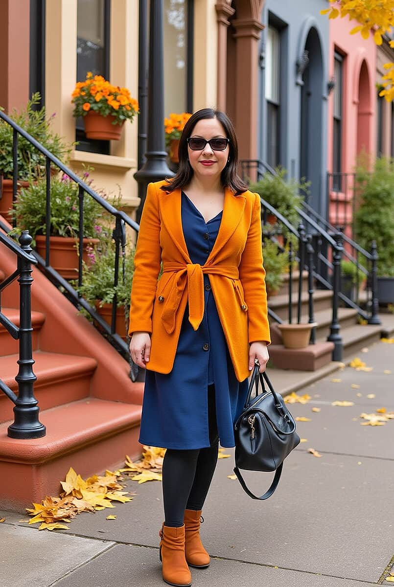 Dany in an orange and teal outfit in NYC in the fall