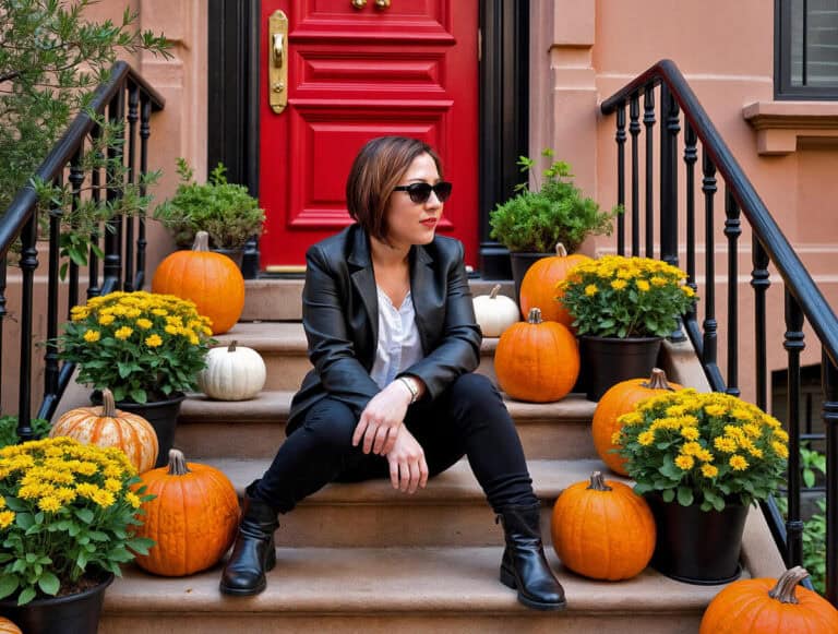 Dany sitting on the stoop of a NYC brownstone in the fall