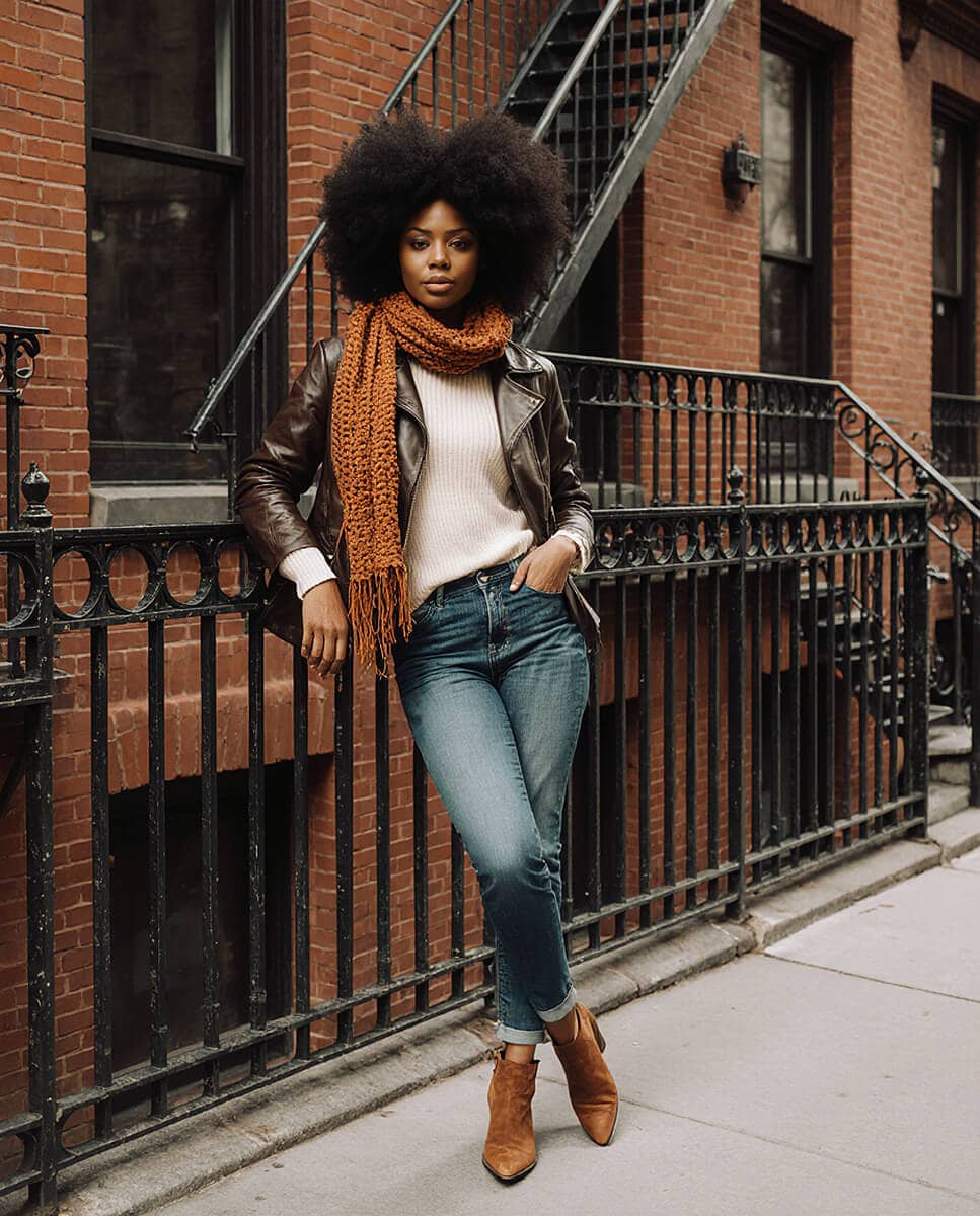 Woman wearing jeans, boots, shirt and a leather jacket in front of a brownstone