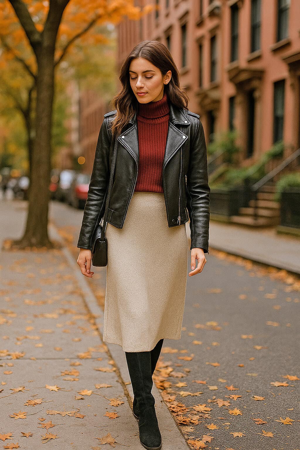 Young woman walking in Brooklyn in a leather jacket and knit skirt