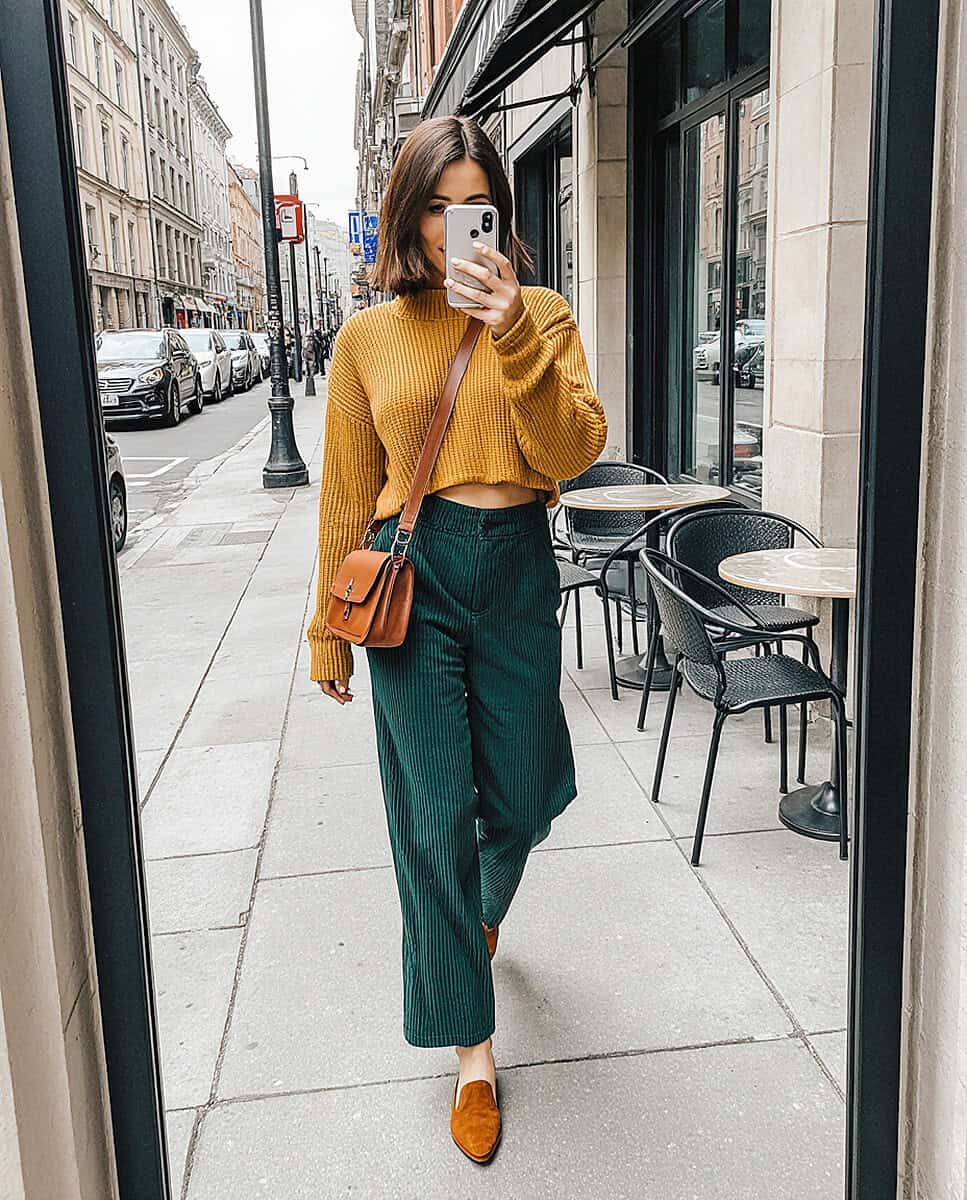 Young woman in wide pants and loafers outside a NYC cafe