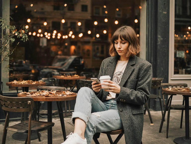 Woman at a cafe in NYC in the fall