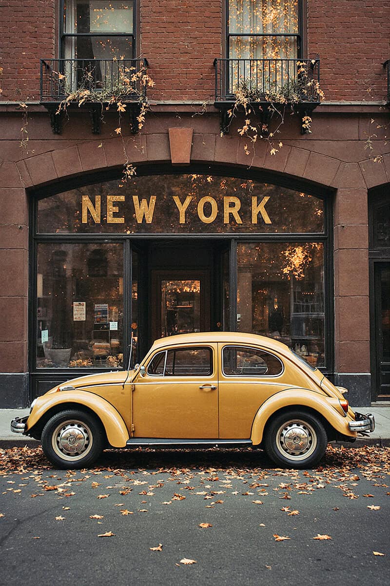 Vintage yellow Volkswagen Beetle in front of a shop in Brooklyn