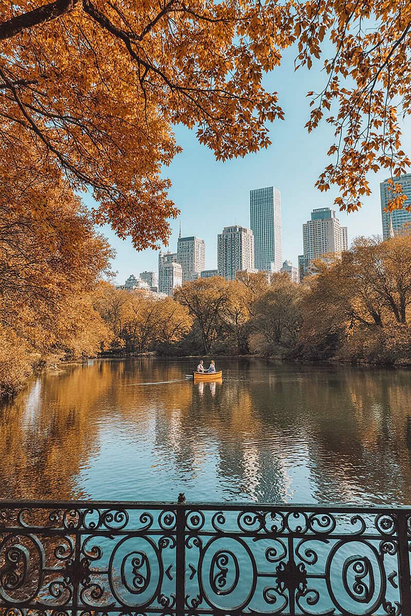 Couple on a boat in Central Park in the Fall