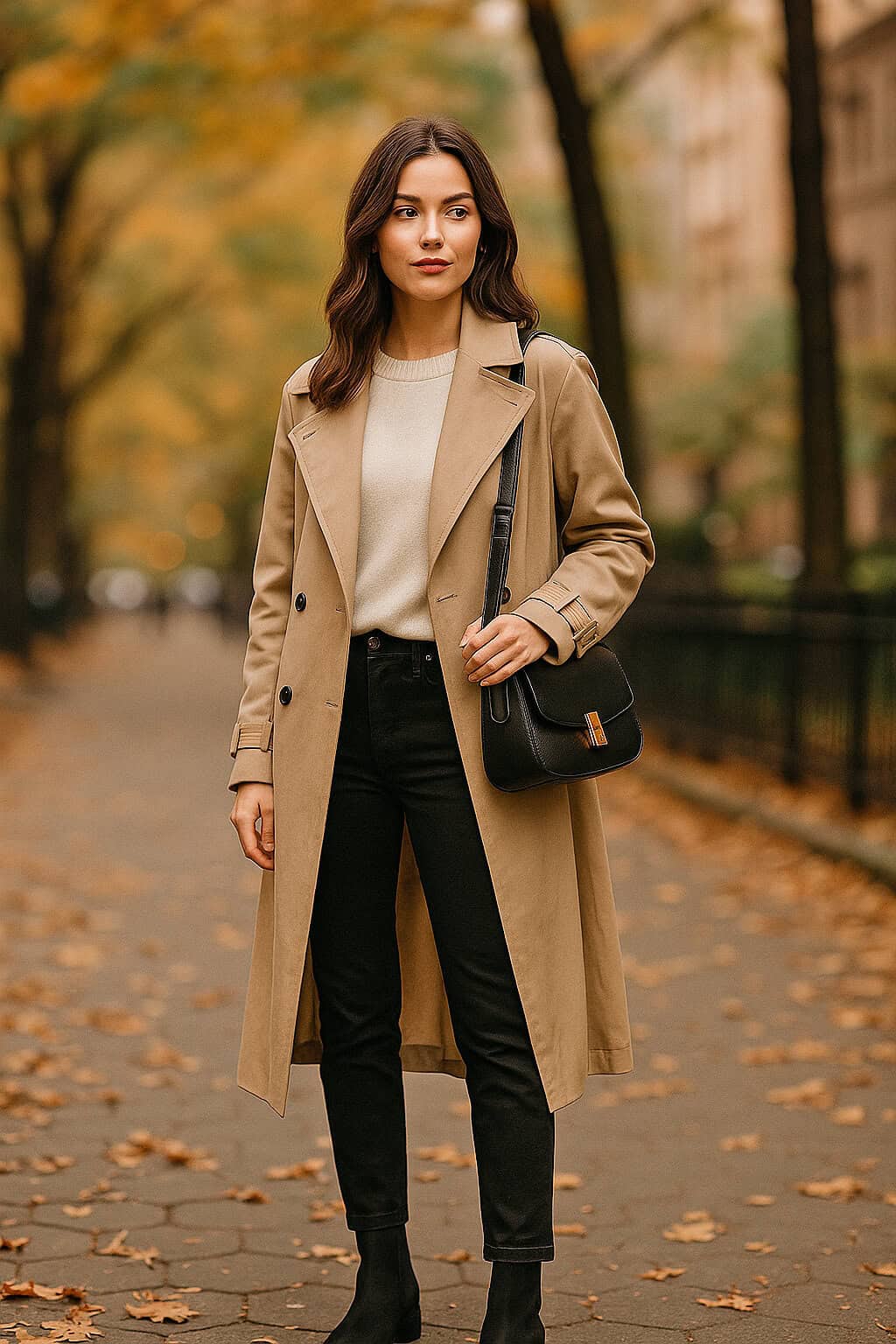 Woman in a trench coat outfit in Central Park