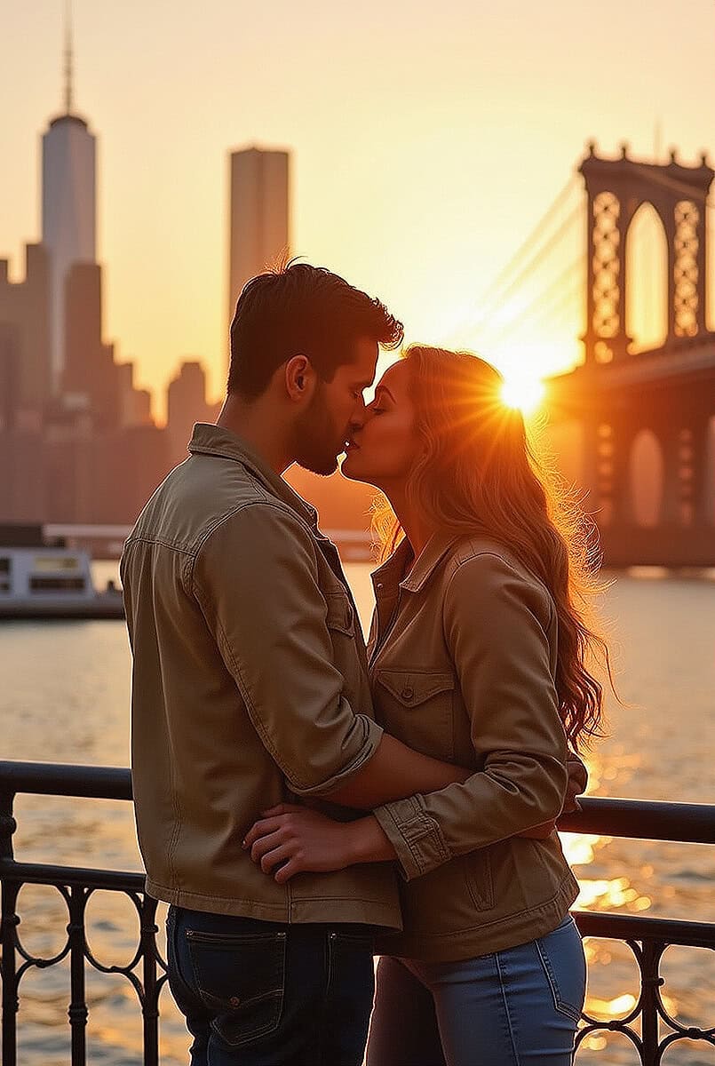 Couple kissing at sunset on the Hudson waterfront