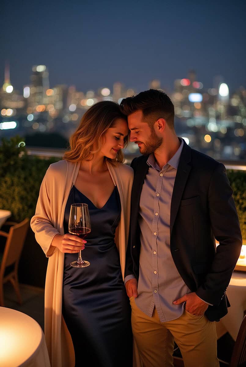 Couple on a rooftop bar in NYC at night